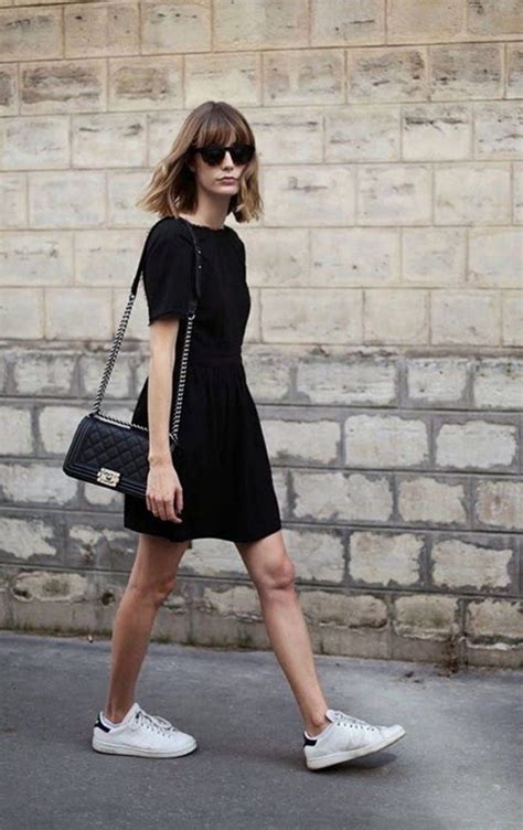 black dress white sneakers outfit.